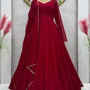 Elegant Red Gold Embroidered Women's Anarkali Kurta